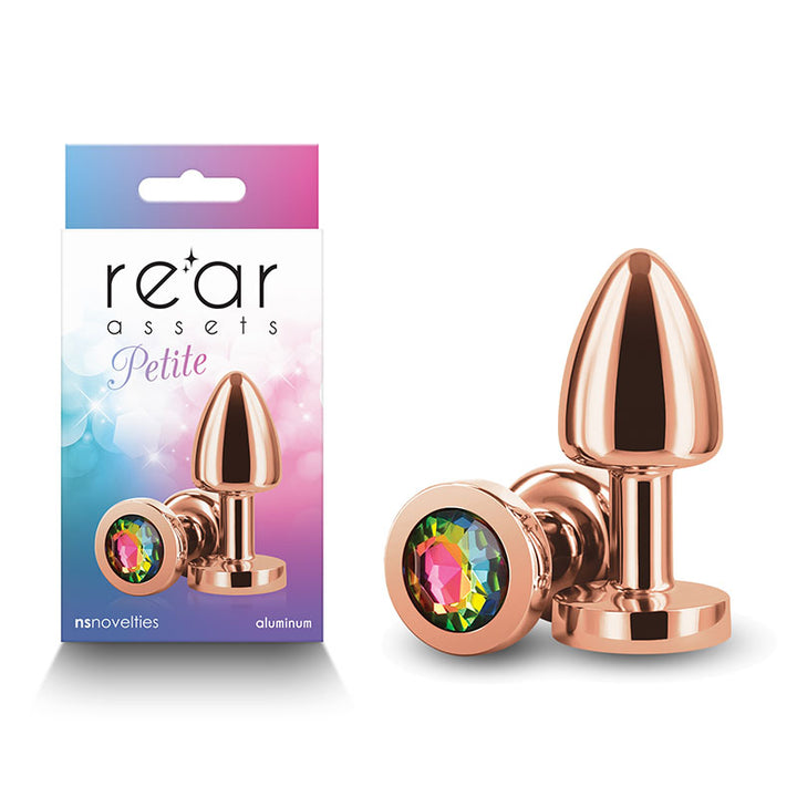 Rear Assets Petite Rose Gold Butt Plug with Rainbow Round Gem