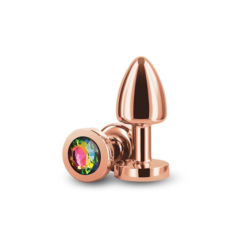 Rear Assets Petite Rose Gold Butt Plug with Rainbow Round Gem