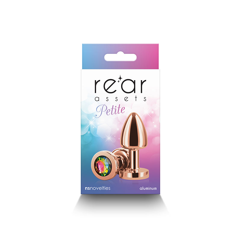 Rear Assets Petite Rose Gold Butt Plug with Rainbow Round Gem