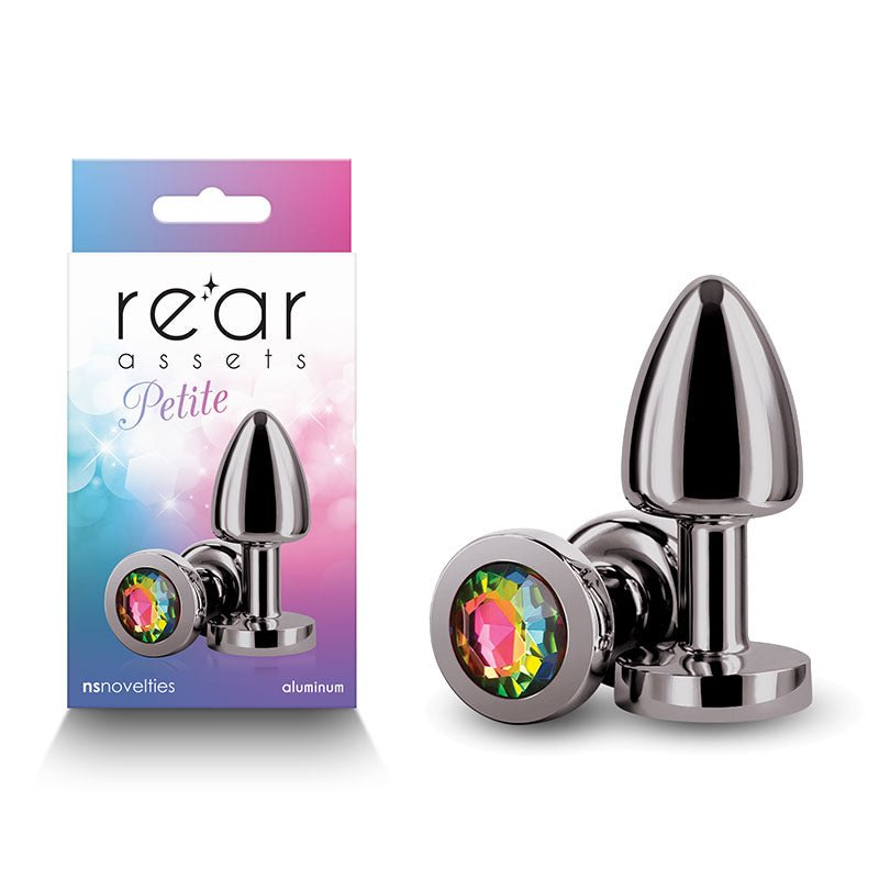 Rear Assets Petite Gunmetal Butt Plug with Round Rainbow Gem