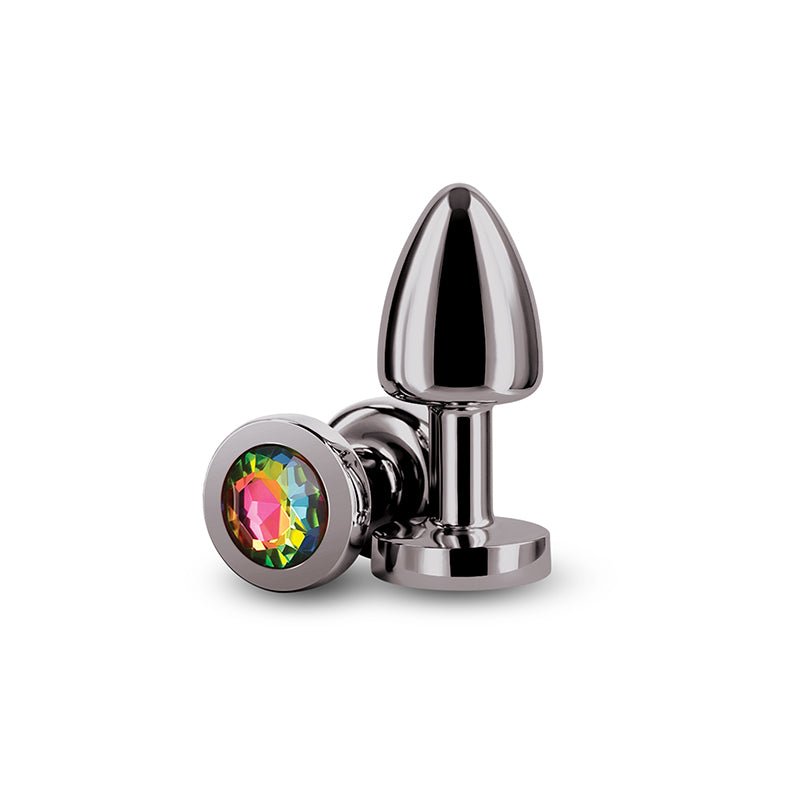 Rear Assets Petite Gunmetal Butt Plug with Round Rainbow Gem