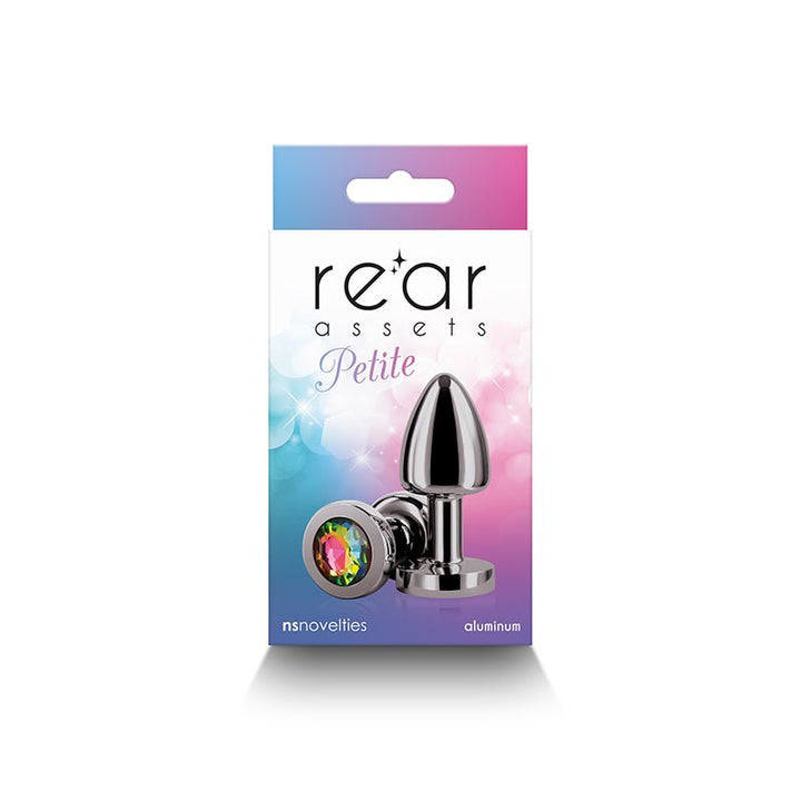 Rear Assets Petite Gunmetal Butt Plug with Round Rainbow Gem