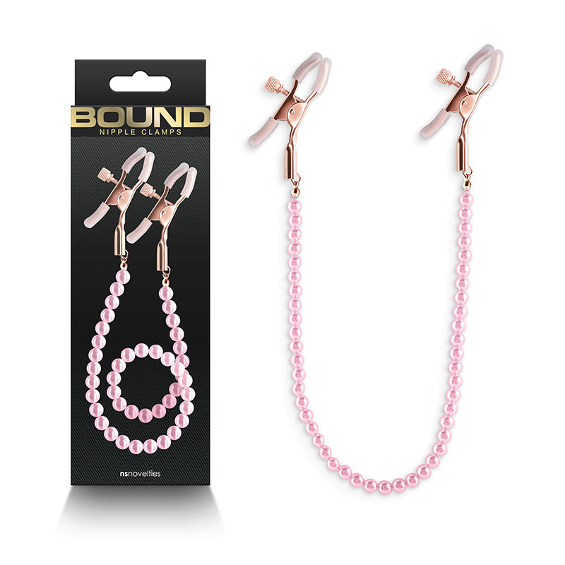 Bound Gold Nipple Clamps with Pink Pearl Chain