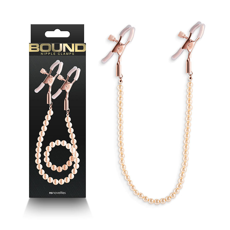 Bound Rose Gold Nipple Clamps with Gold Pearl Chain