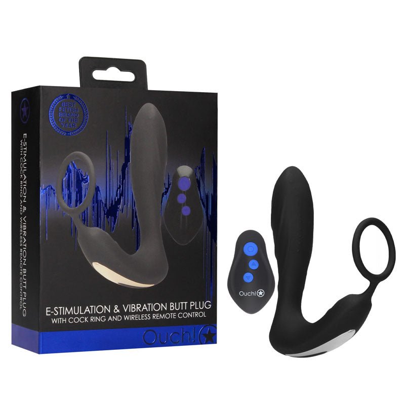 Ouch! E-stim & Vibrating Butt Plug Cock Ring - Black