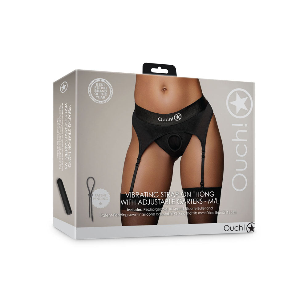Ouch! Vibrating Strap-On Thong with Adjustable Garters Harness - Black