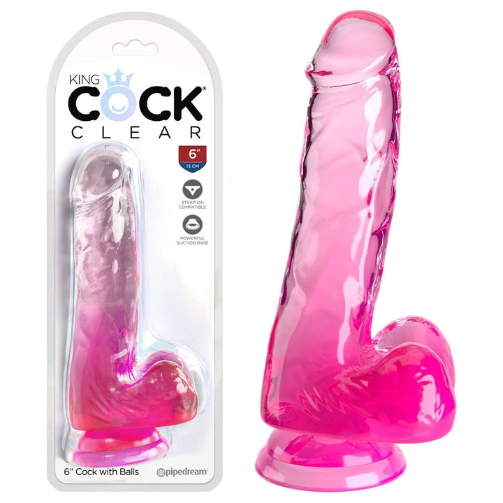 King Cock Clear 6 Inch Dildo with Balls - Pink