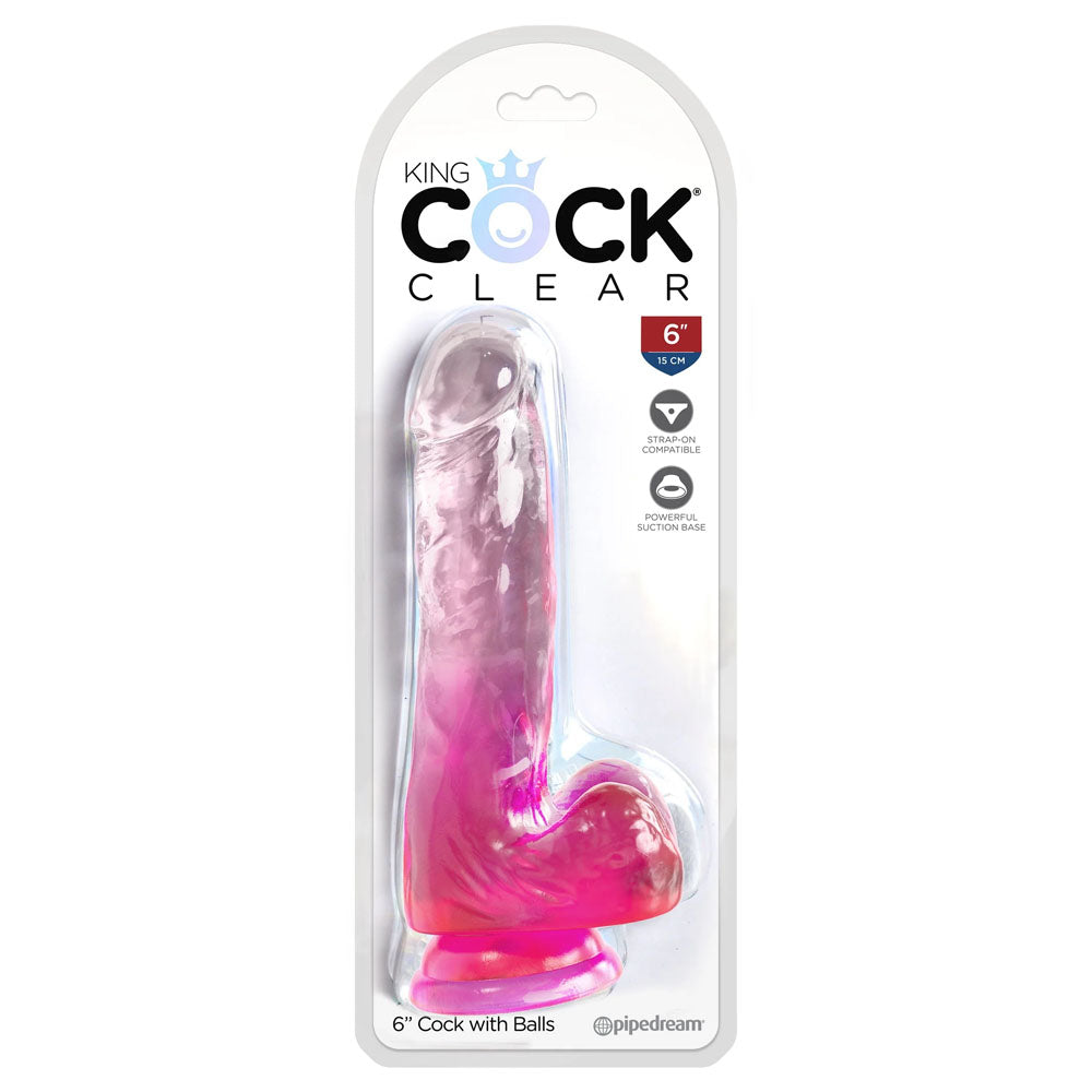 King Cock Clear 6 Inch Dildo with Balls - Pink
