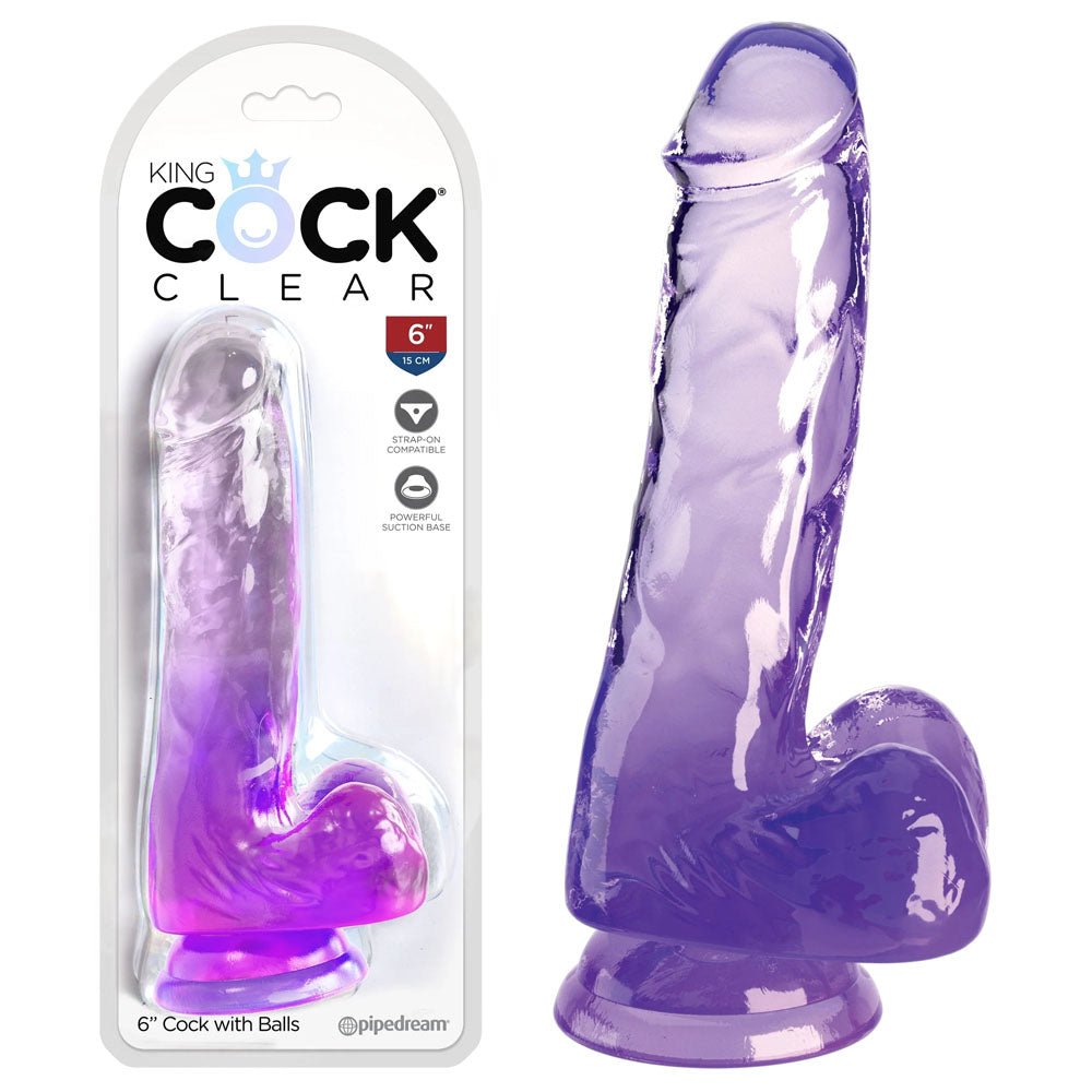 King Cock Clear 6 Inch Dildo with Balls - Purple