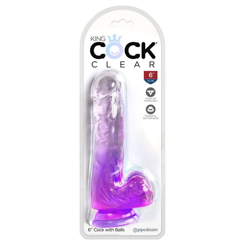 King Cock Clear 6 Inch Dildo with Balls - Purple