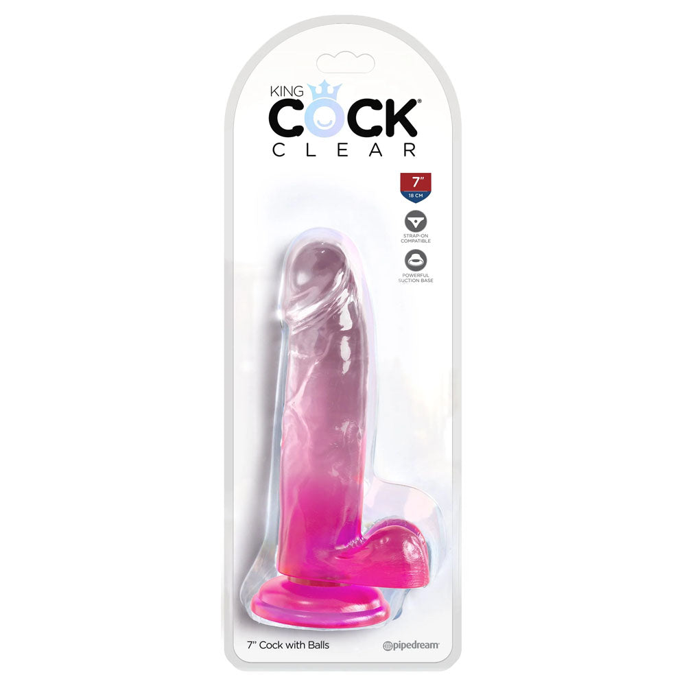 King Cock Clear 7 Inch Dildo with Balls - Pink