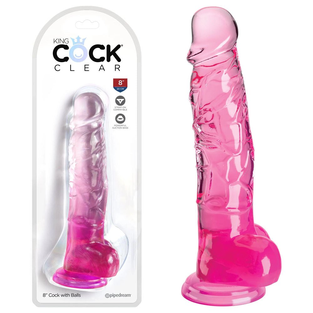 King Cock Clear 8 Inch Dildo with Balls - Pink