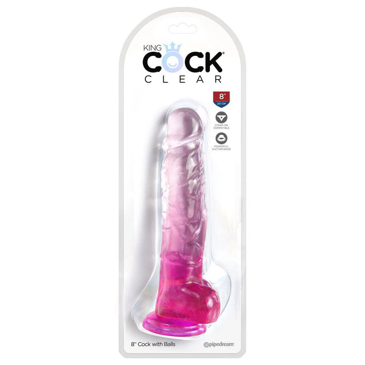 King Cock Clear 8 Inch Dildo with Balls - Pink