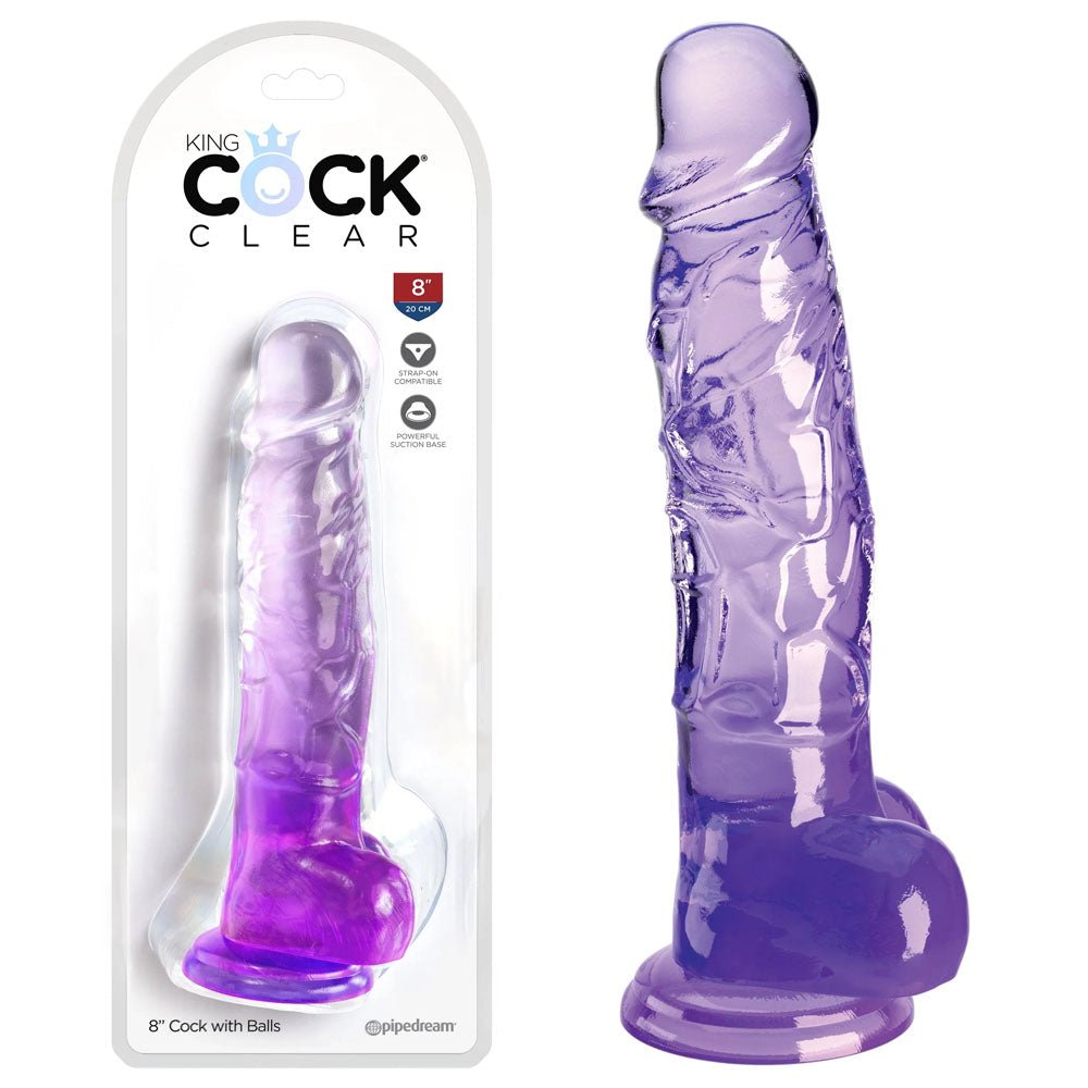 King Cock Clear 8 Inch Dildo with Balls - Purple