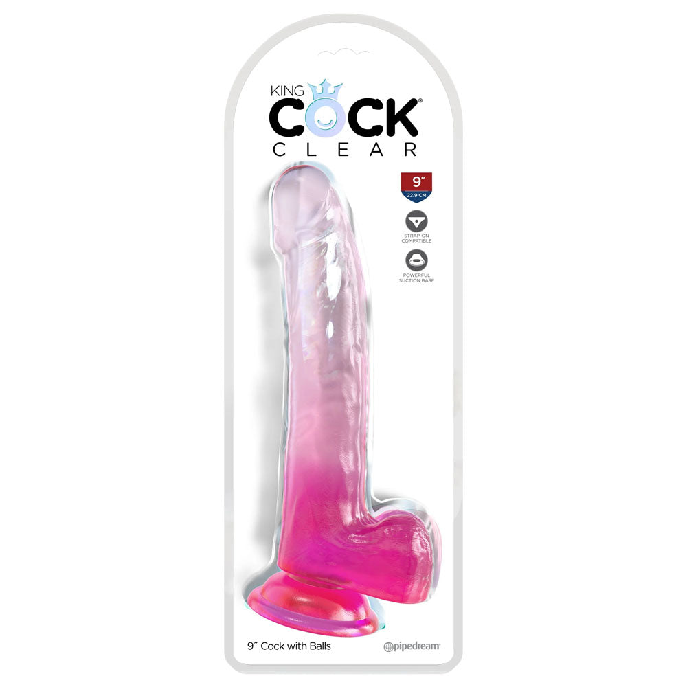 King Cock Clear 9 Inch Dildo with Balls - Pink