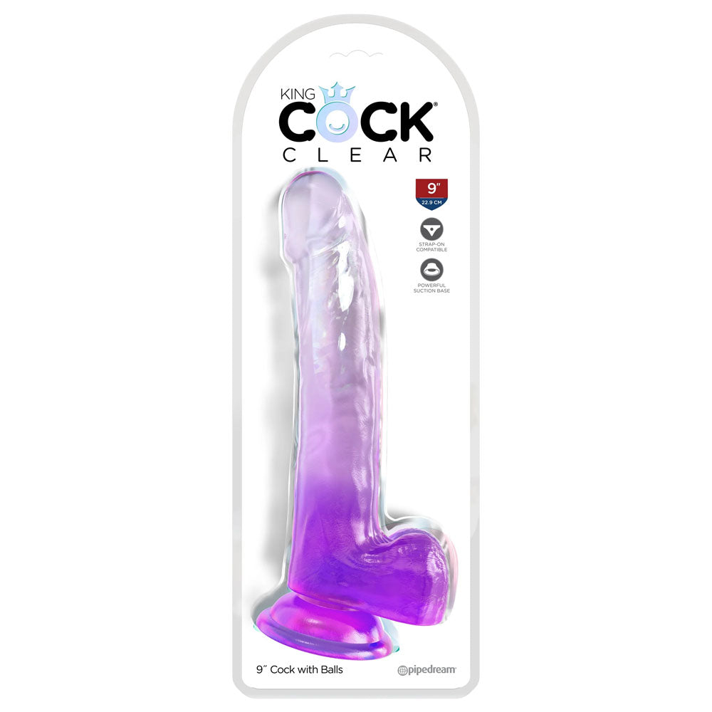 King Cock Clear 9 Inch Dildo with Balls - Purple