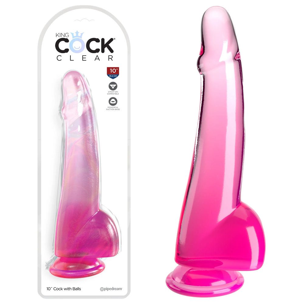 King Cock Clear 10 Inch Dildo with Balls - Pink