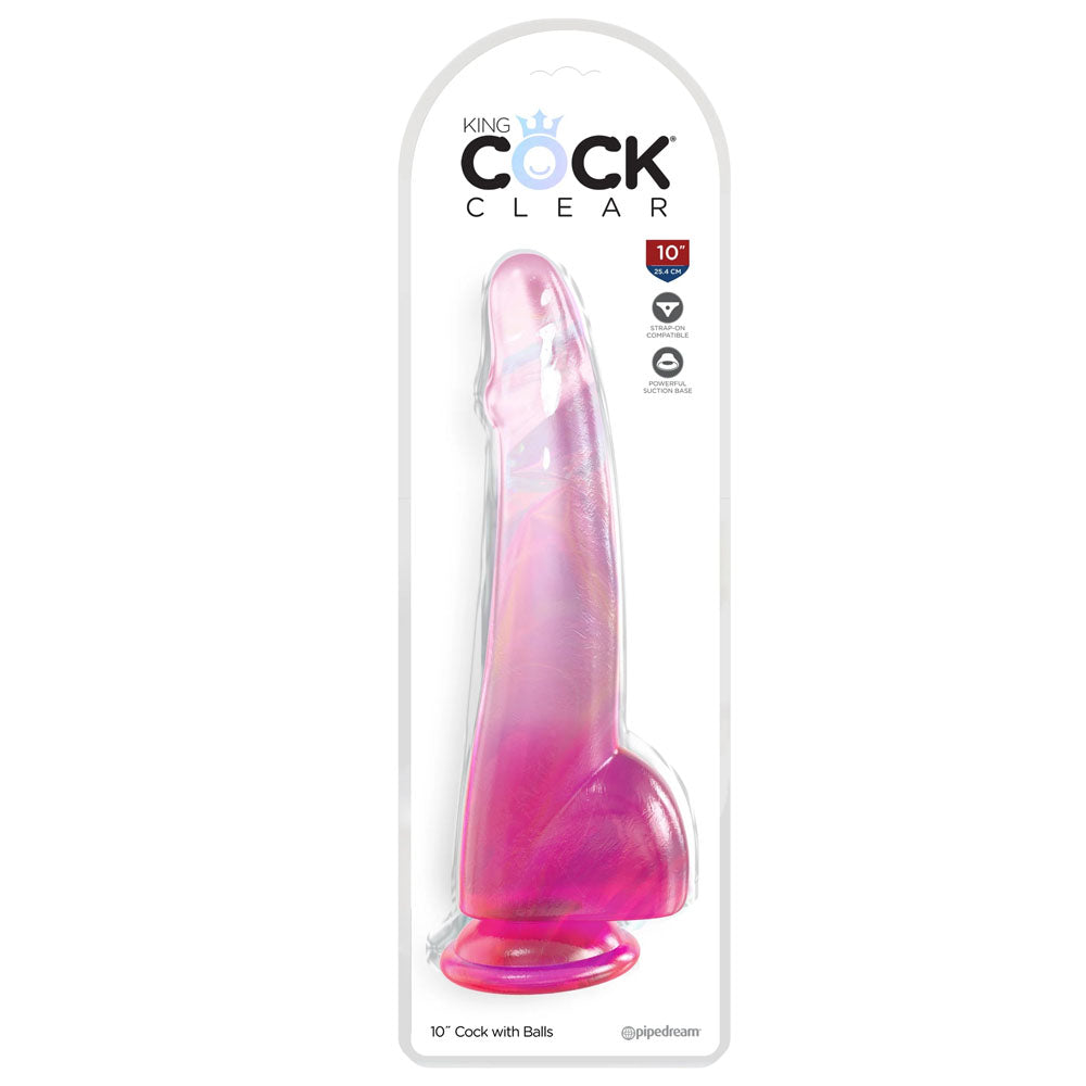 King Cock Clear 10 Inch Dildo with Balls - Pink