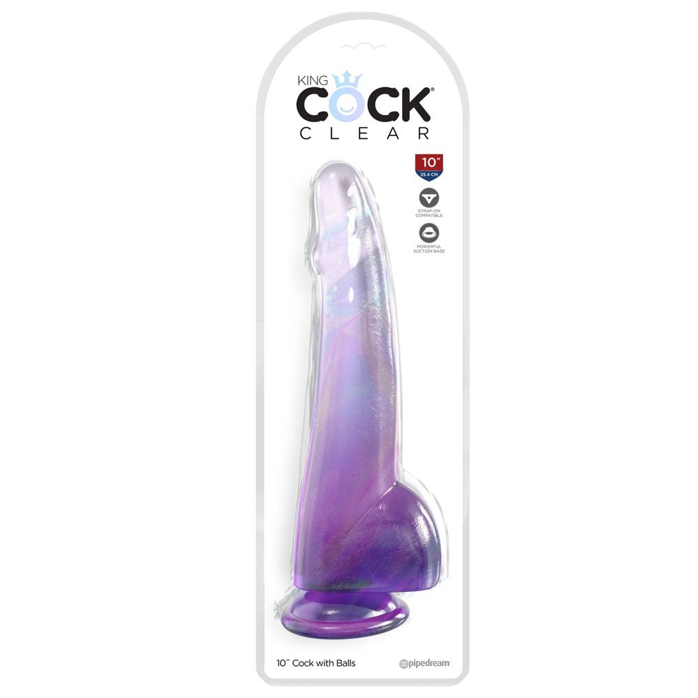 King Cock Clear 10 Inch Cock with Balls - Purple