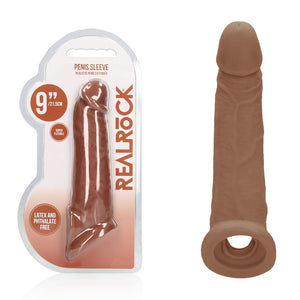 RealRock 9 Inch Realistic Penis Extender Sleeve with Rings - Tan