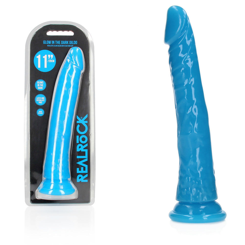 RealRock 11 Inch Slim Glow in the Dark Neon Blue Dildo
