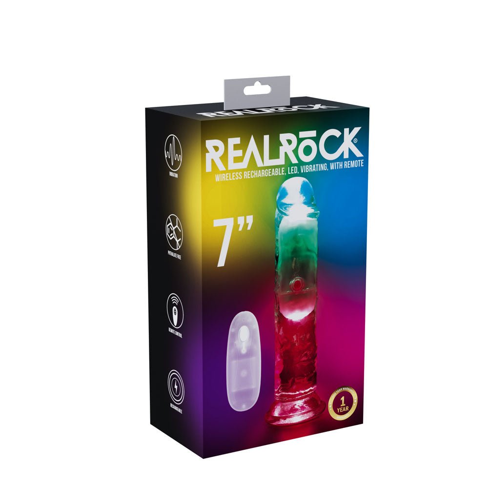 RealRock 7 Inch No Balls LED Vibrating Dong with Remote - Clear