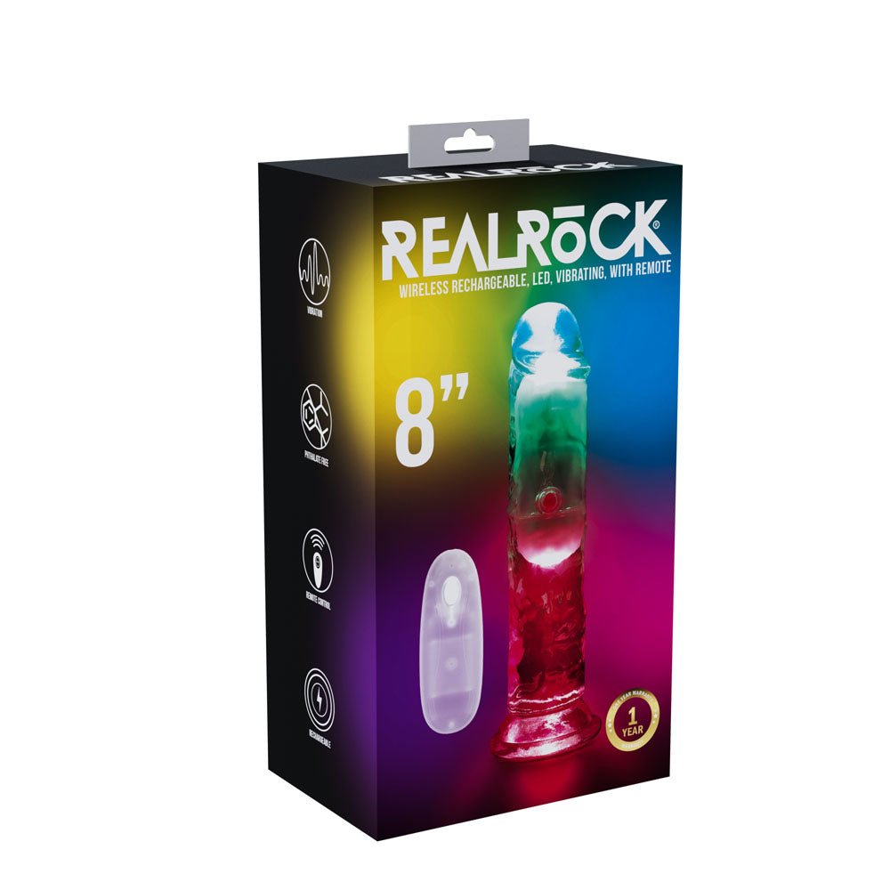 RealRock 8 Inch No Balls LED Vibrating Dong with Remote - Clear