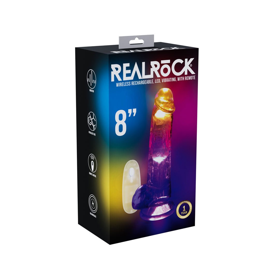 RealRock 8 Inch with Balls LED Vibrating Dong with Remote - Clear
