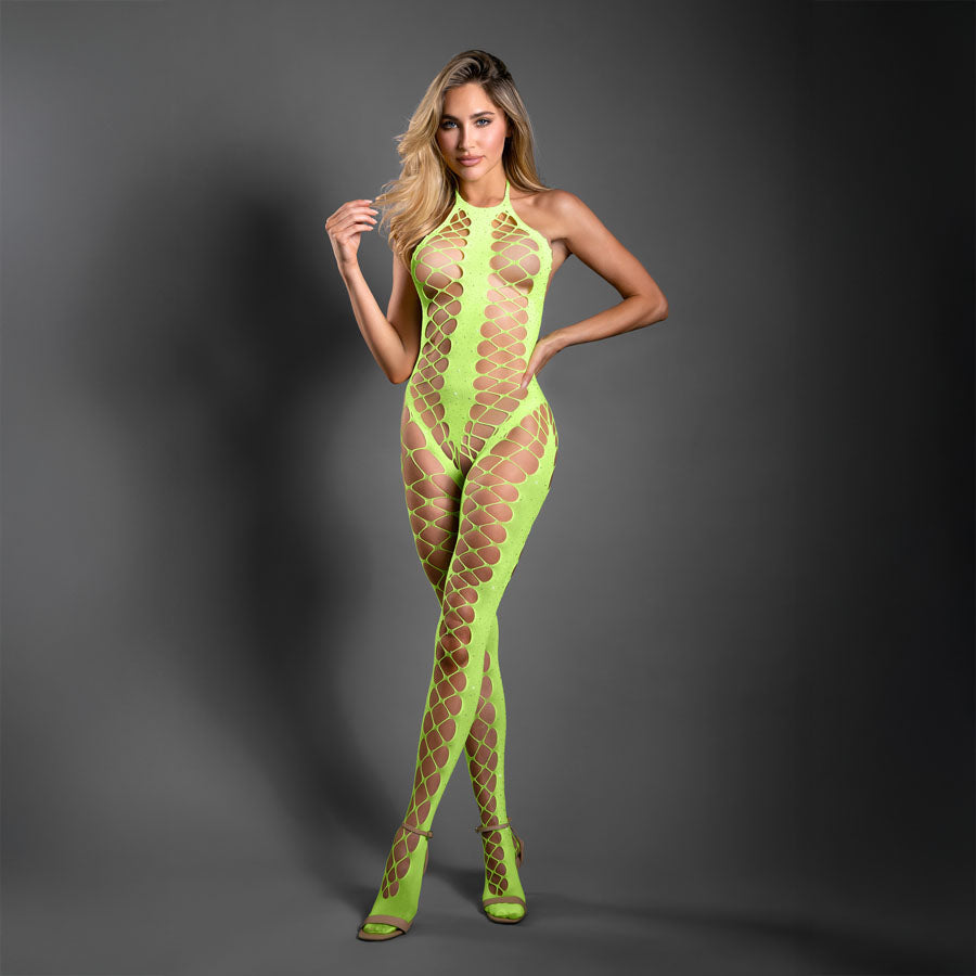 Sheer Unstoppable - Crotchless Rhinestone Knit Bodystocking - Neon Green - OS