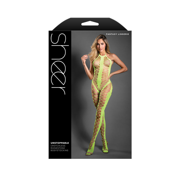 Sheer Unstoppable - Crotchless Rhinestone Knit Bodystocking - Neon Green - OS