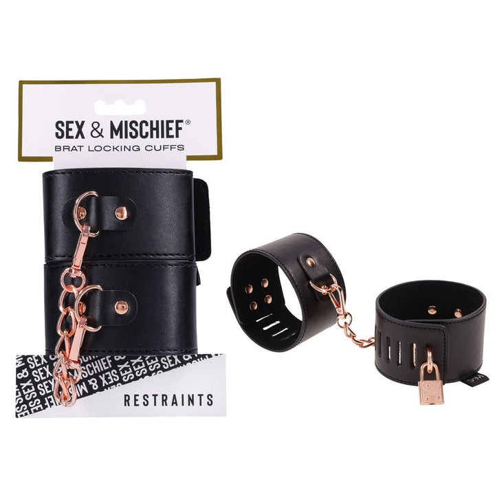 Sex & Mischief Brat Locking Hand Cuffs - Black/Rose Gold