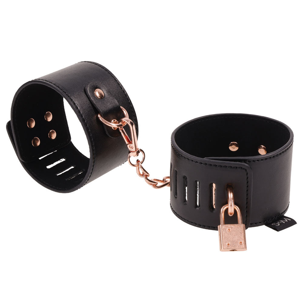 Sex & Mischief Brat Locking Hand Cuffs - Black/Rose Gold