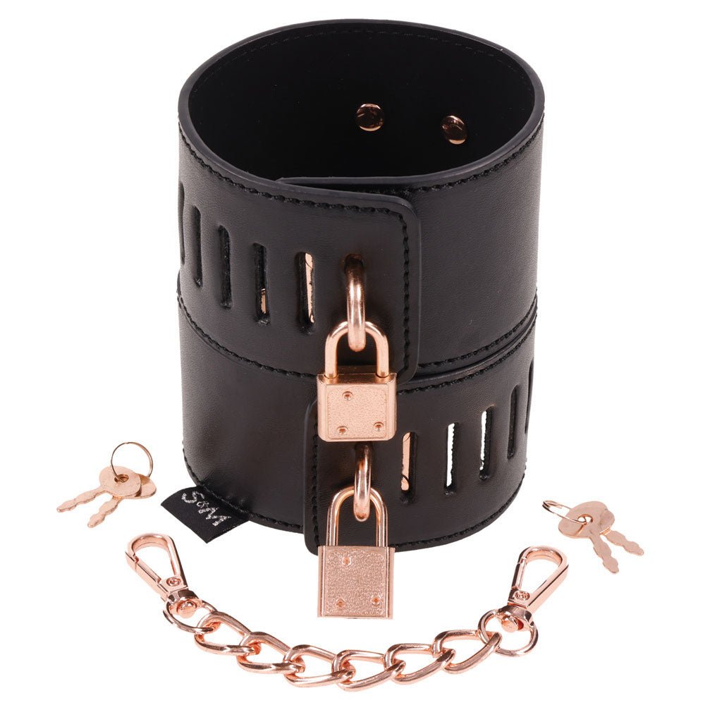 Sex & Mischief Brat Locking Hand Cuffs - Black/Rose Gold