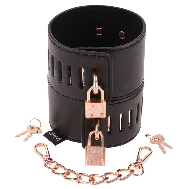 Sex & Mischief Brat Locking Hand Cuffs - Black/Rose Gold