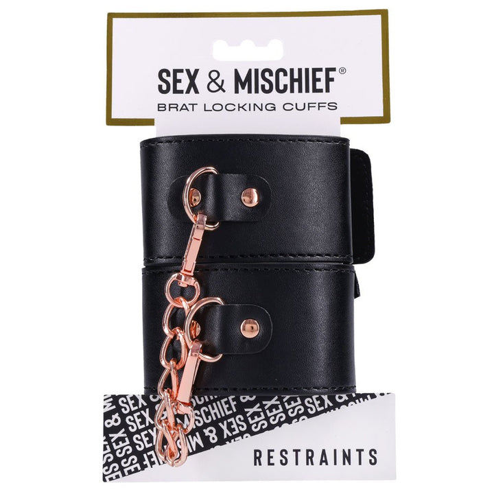 Sex & Mischief Brat Locking Hand Cuffs - Black/Rose Gold