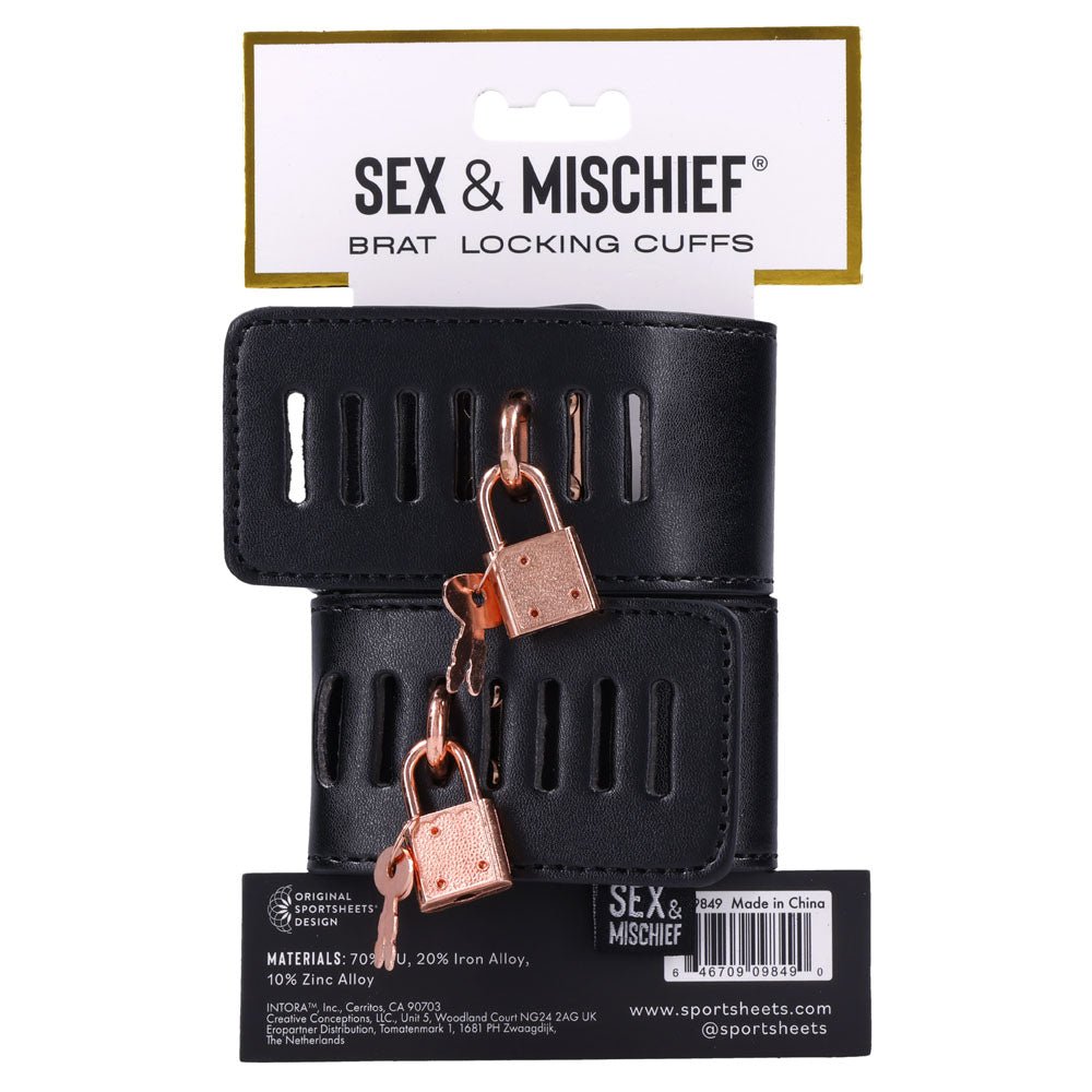 Sex & Mischief Brat Locking Hand Cuffs - Black/Rose Gold