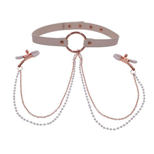 Sex & Mischief Peaches n CreaMe Collar with Nipple Clamps - Peach