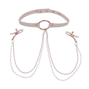 Sex & Mischief Peaches n CreaMe Collar with Nipple Clamps - Peach