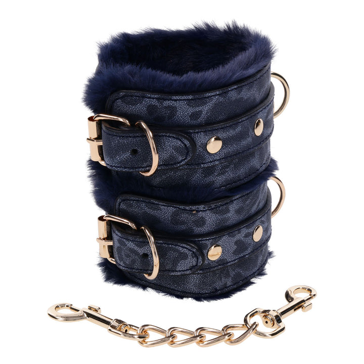 Sex & Mischief Cougar Fur Handcuffs - Navy Blue/Gold