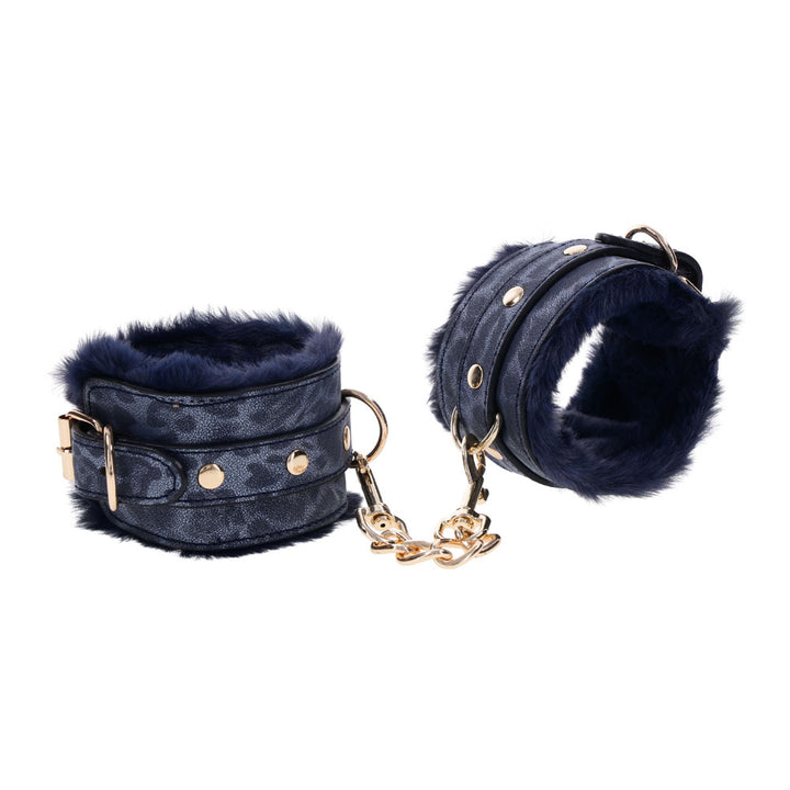 Sex & Mischief Cougar Fur Handcuffs - Navy Blue/Gold