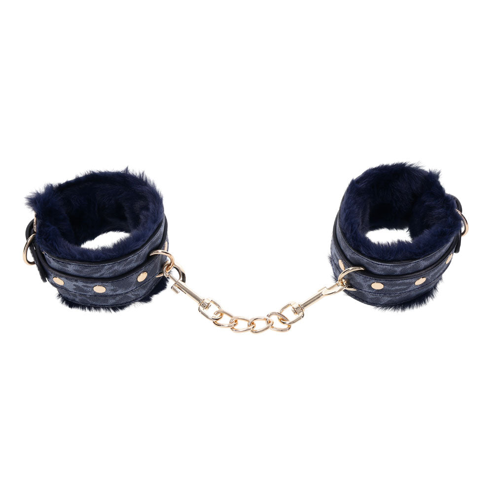 Sex & Mischief Cougar Fur Handcuffs - Navy Blue/Gold