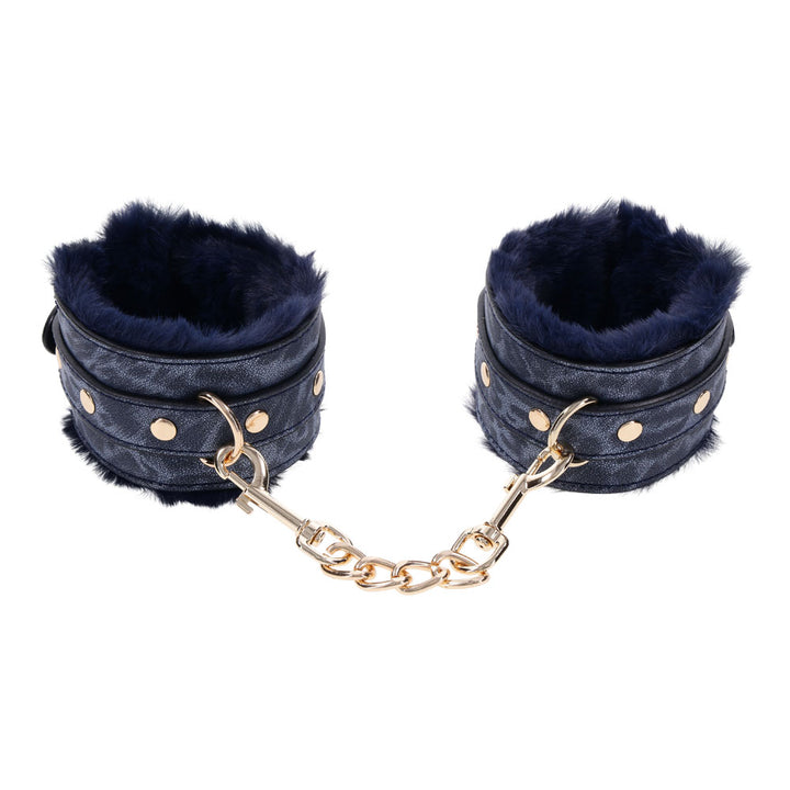 Sex & Mischief Cougar Fur Handcuffs - Navy Blue/Gold