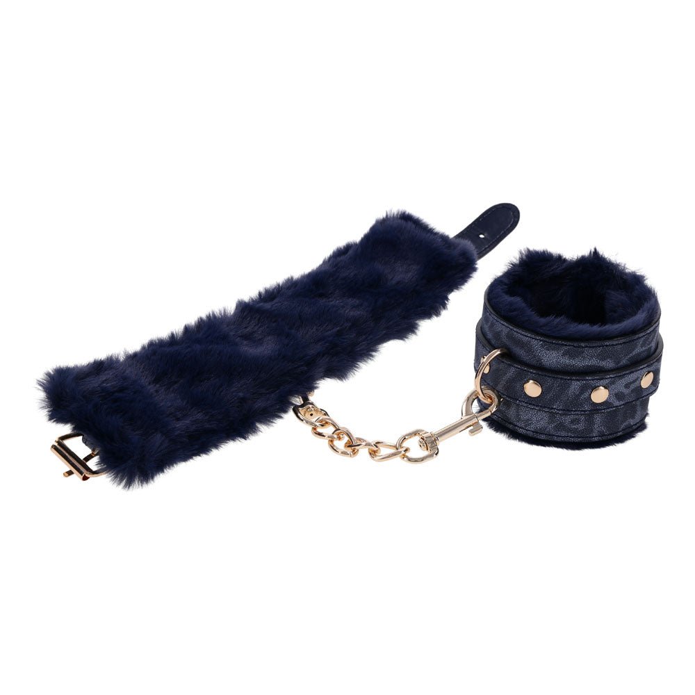 Sex & Mischief Cougar Fur Handcuffs - Navy Blue/Gold