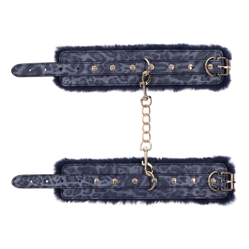 Sex & Mischief Cougar Fur Handcuffs - Navy Blue/Gold