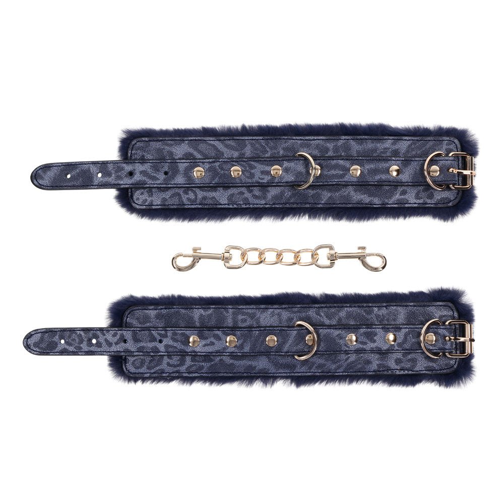 Sex & Mischief Cougar Fur Handcuffs - Navy Blue/Gold