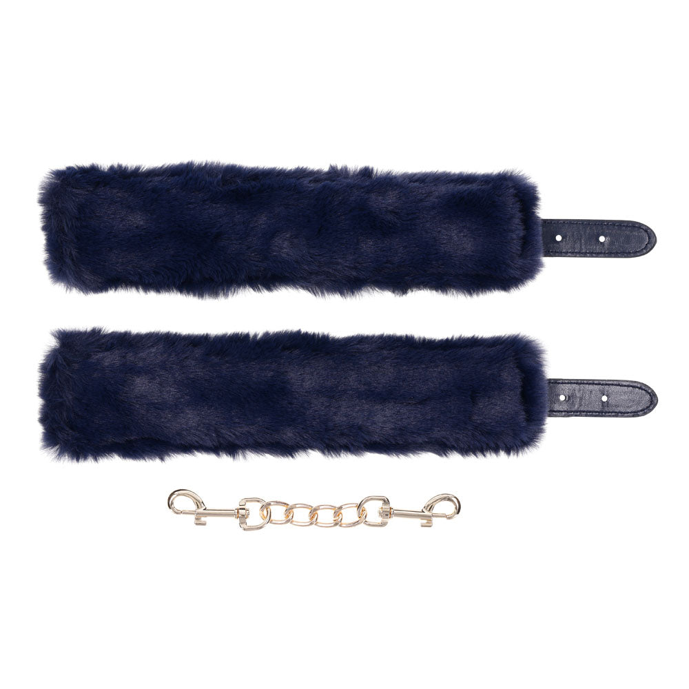 Sex & Mischief Cougar Fur Handcuffs - Navy Blue/Gold