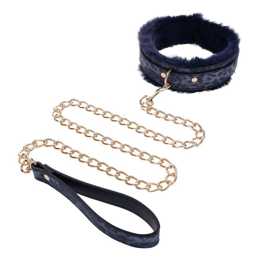 Sex & Mischief Cougar Fur Collar & Leash - Navy Blue/Gold