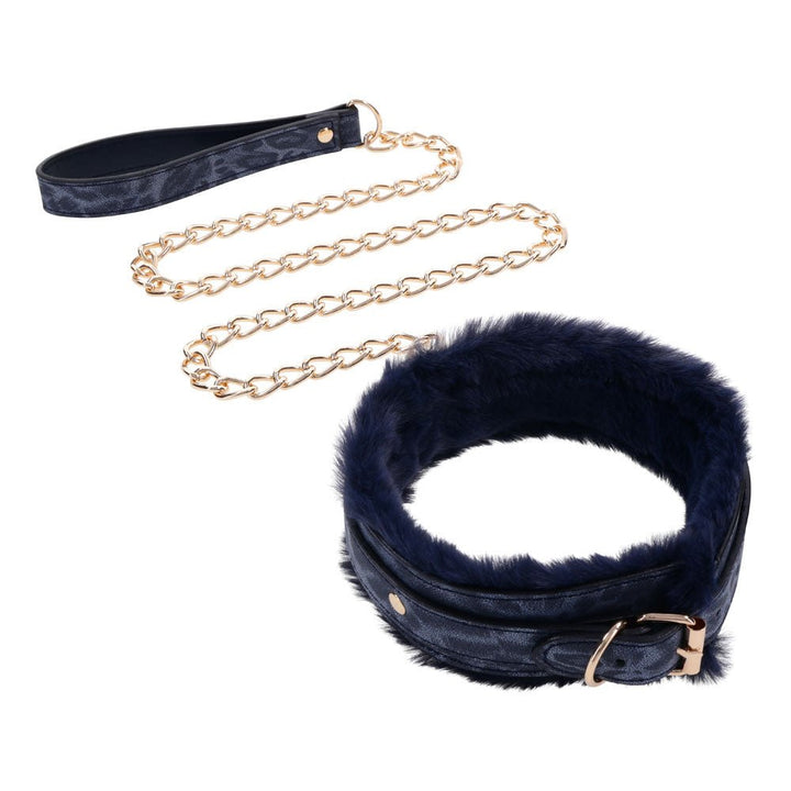 Sex & Mischief Cougar Fur Collar & Leash - Navy Blue/Gold