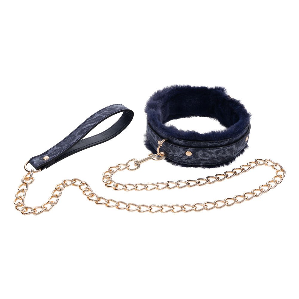 Sex & Mischief Cougar Fur Collar & Leash - Navy Blue/Gold