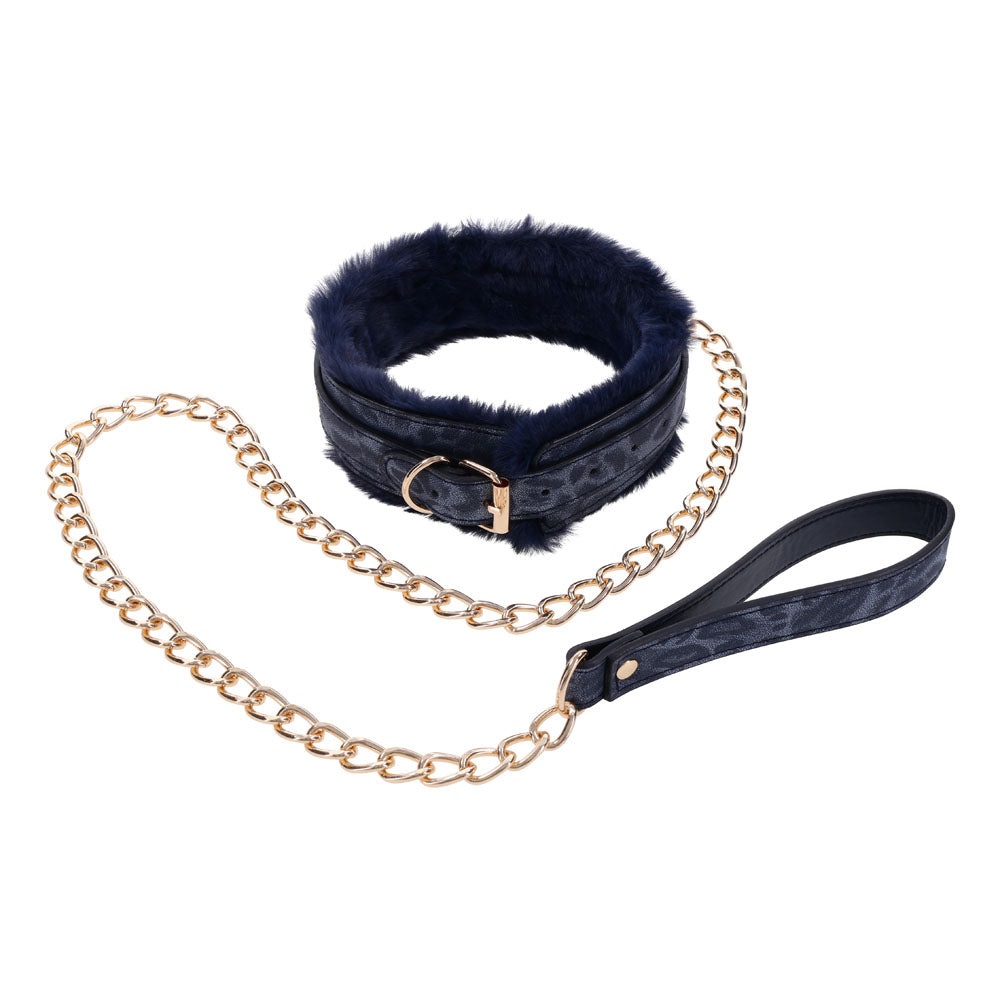 Sex & Mischief Cougar Fur Collar & Leash - Navy Blue/Gold